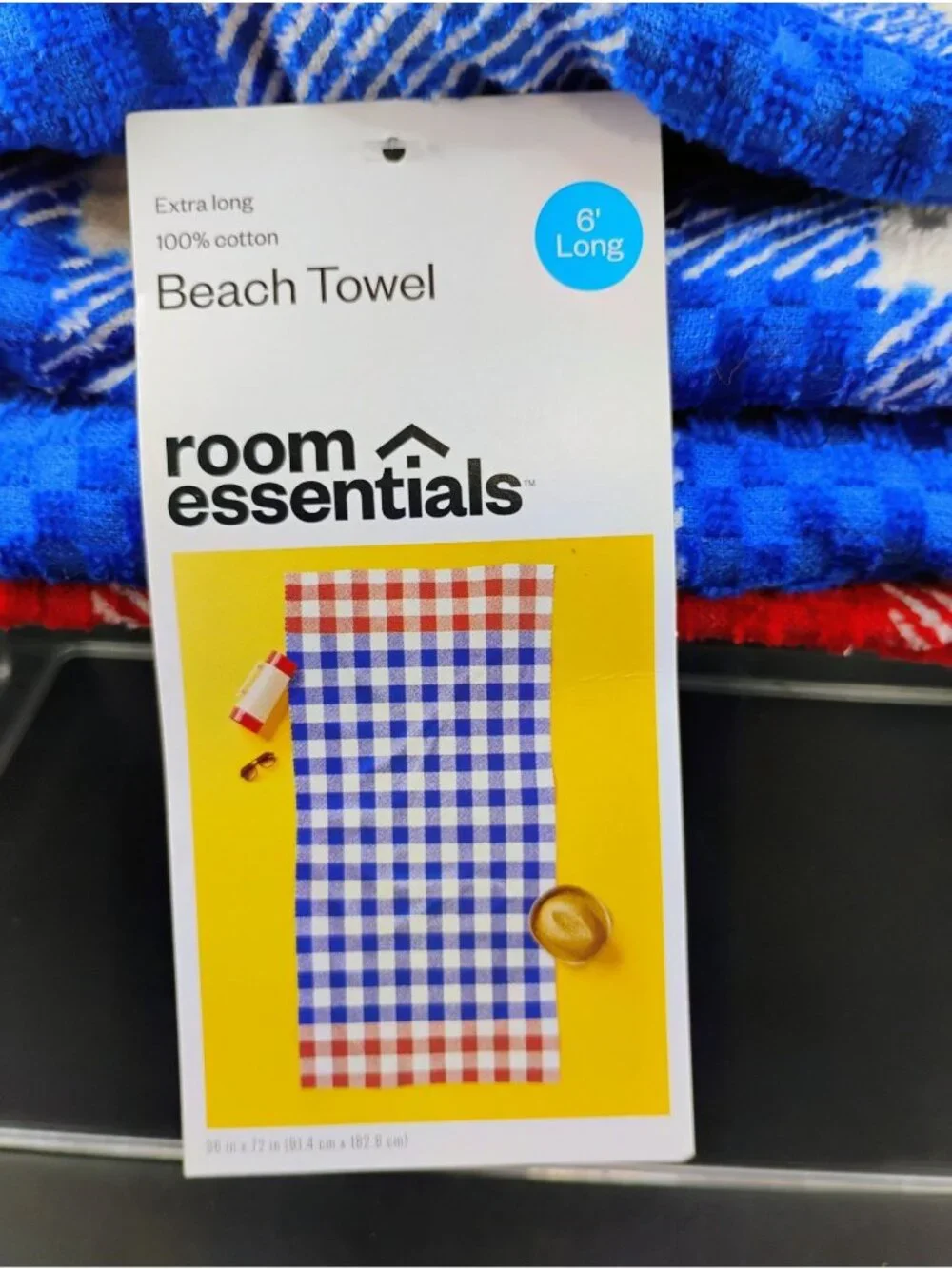 Room Essentials 6 Ft Extra Long Gingham Beach Towel Blue & Red